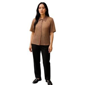 Vintage Style Sheer Metallic Bronze Lace Button-Up Shirt – Size XXXL